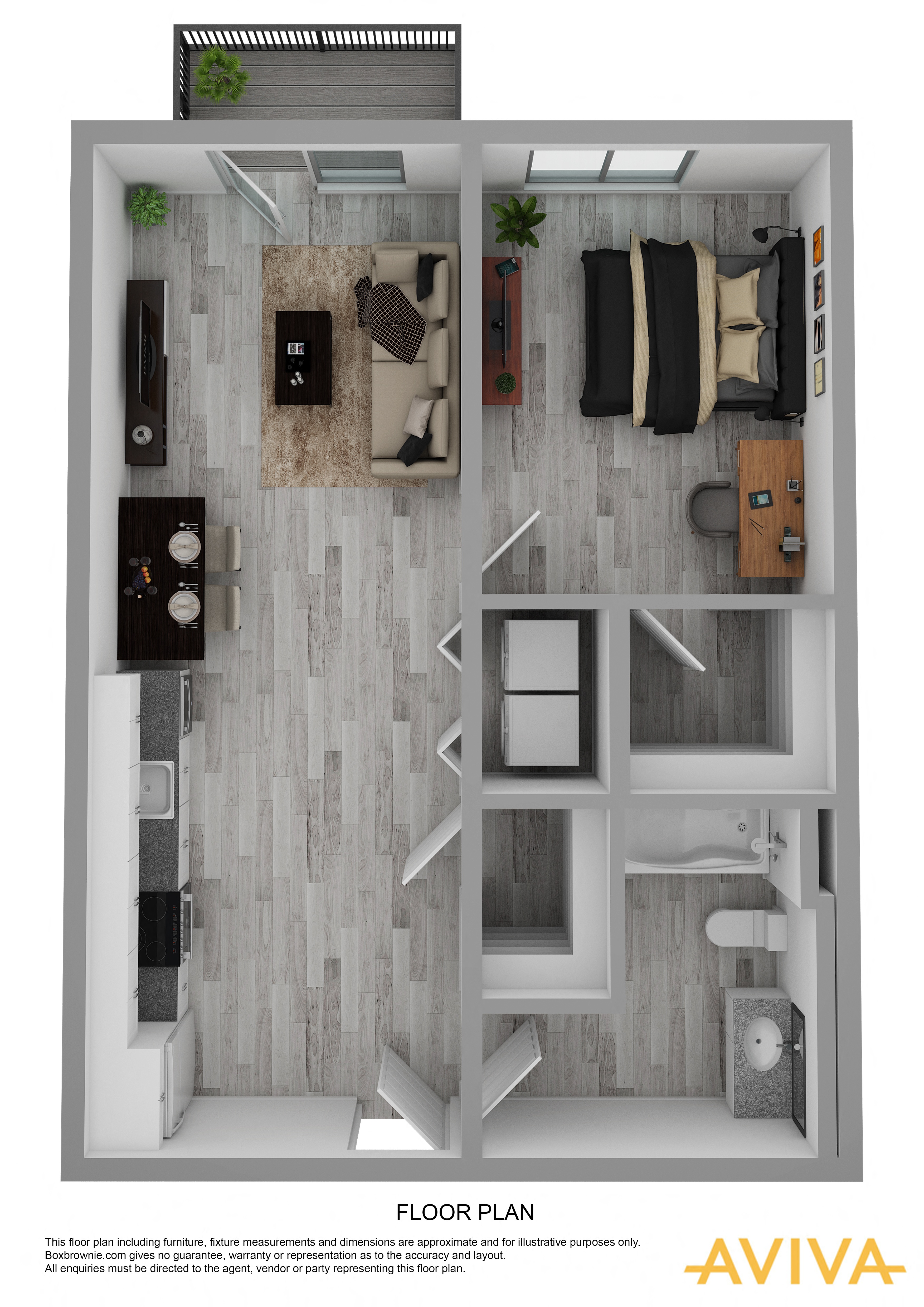 Floor plan for 1 bed, 1 bath, 605 sqft
